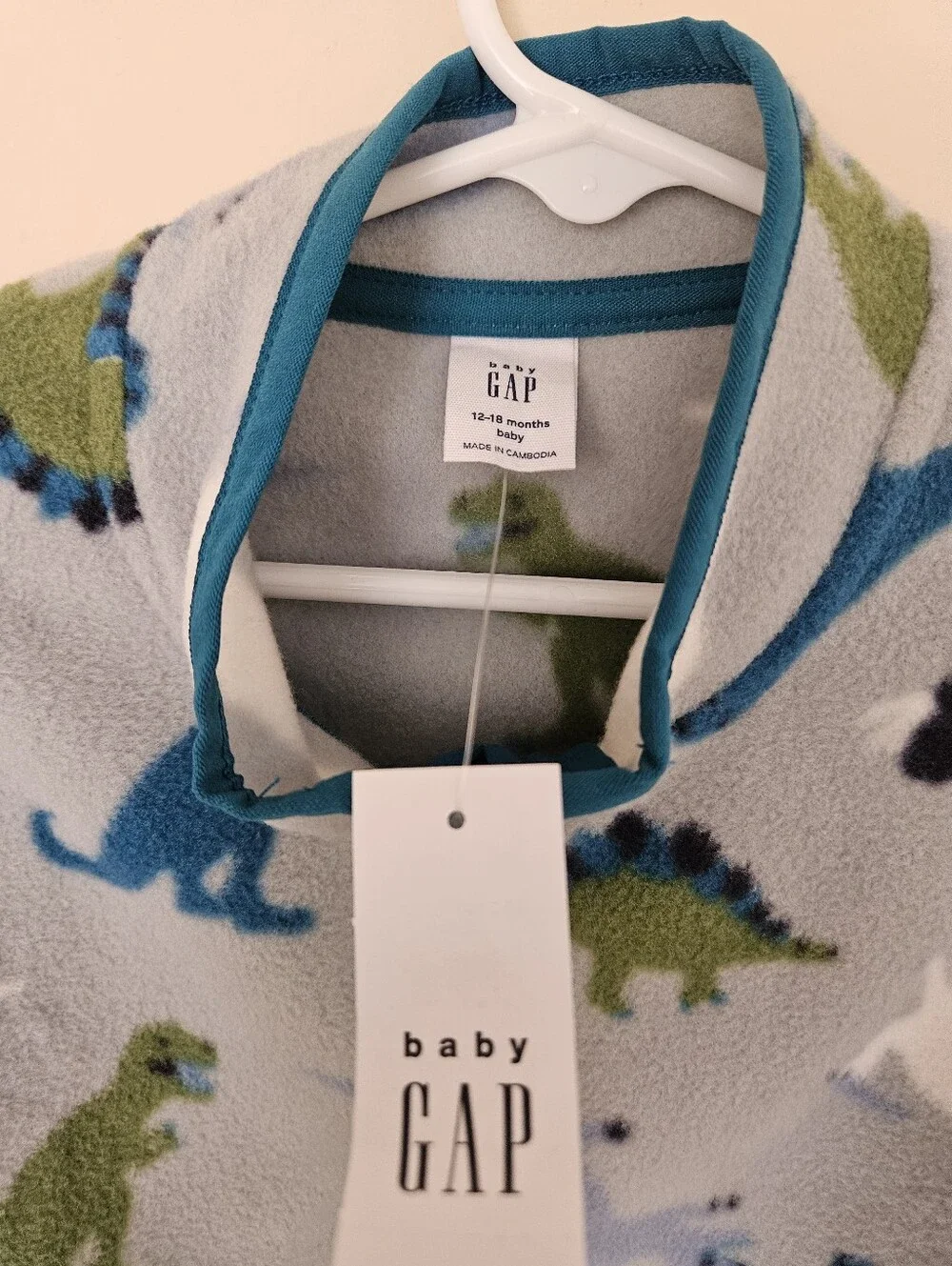 GAP Baby Fleece Zip Up with Blue and Green Dinosaurs, Size 12-18 Months